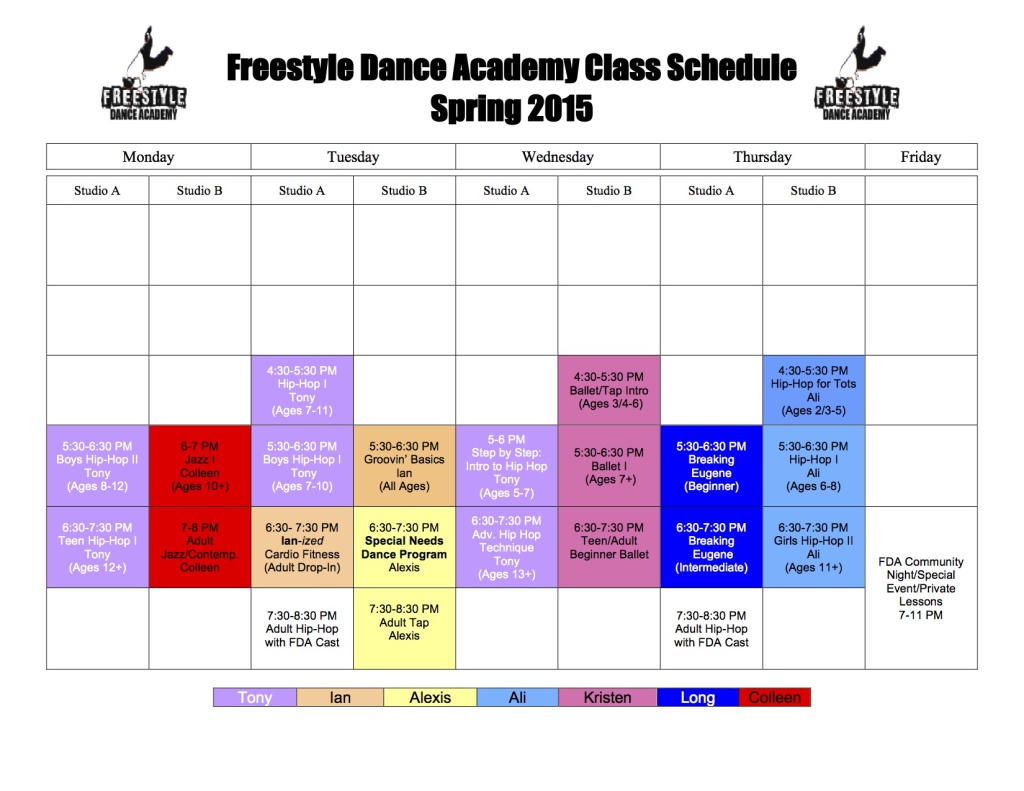 Dance Class Schedule for Spring 2015 at Freestyle Dance Academy
