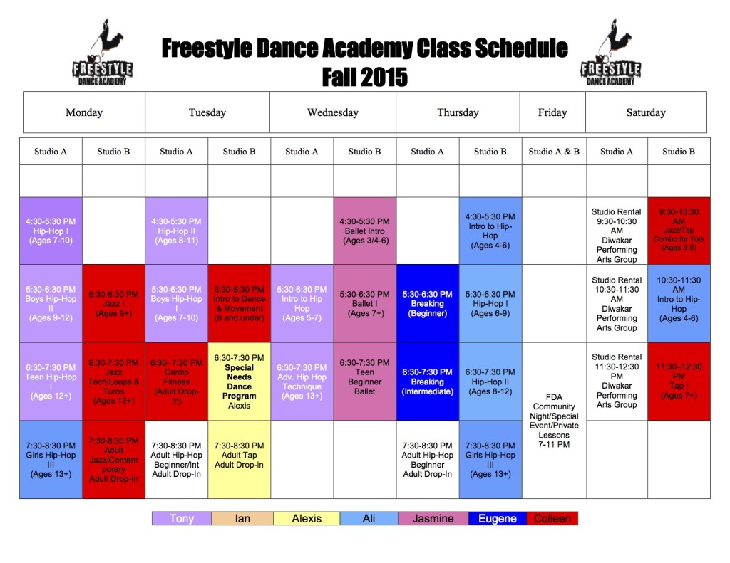 Fall 2015 Dance Class Schedule for Freestyle Dance Academy.